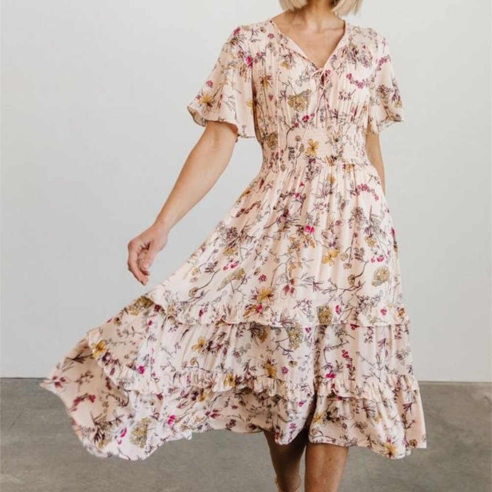 Baltic Born Spell Boho Midi Blush Floral Tiered Flutter Sleeve Dress size Large